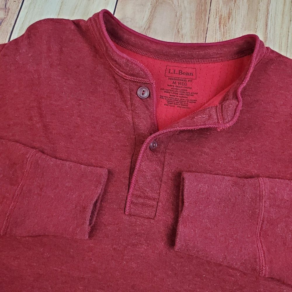 LL Bean Shirt Mens Medium Red River Driver Henley Long Sleeve Wool Thermal